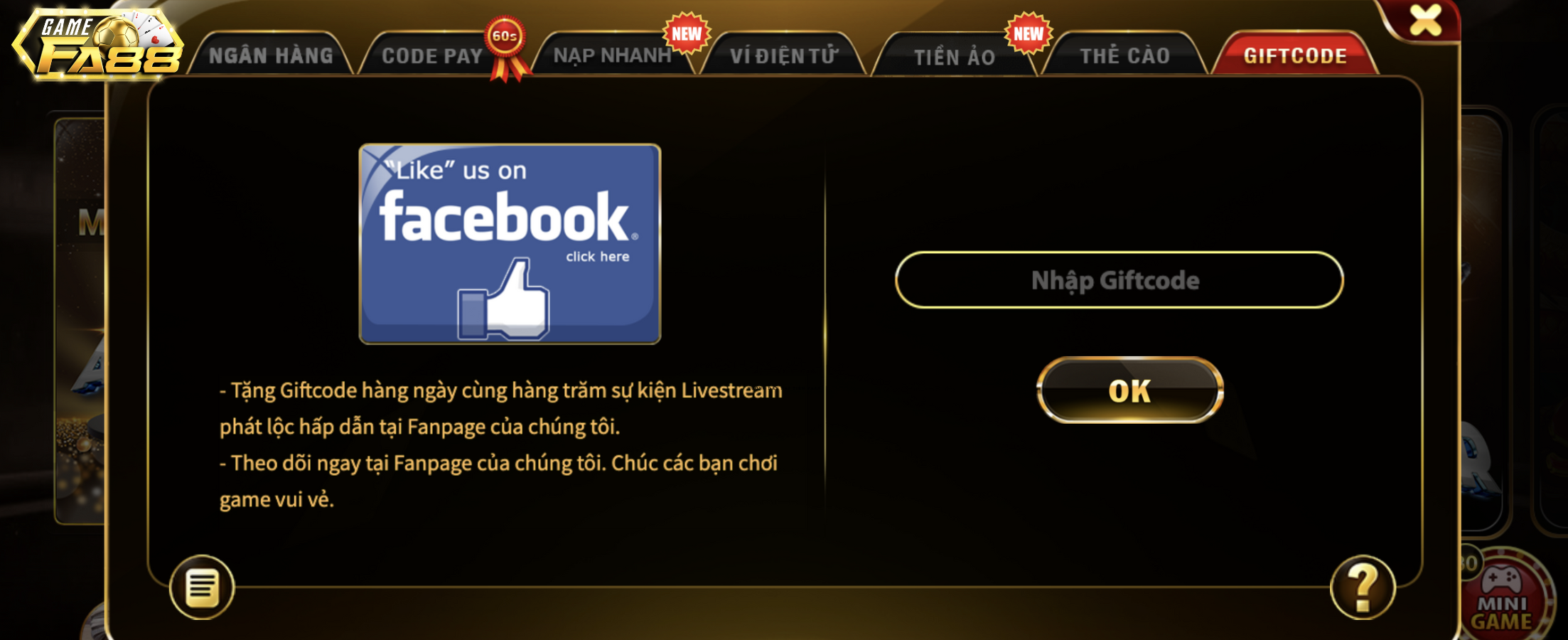 Nạp tiền qua Phương thức Giftcode