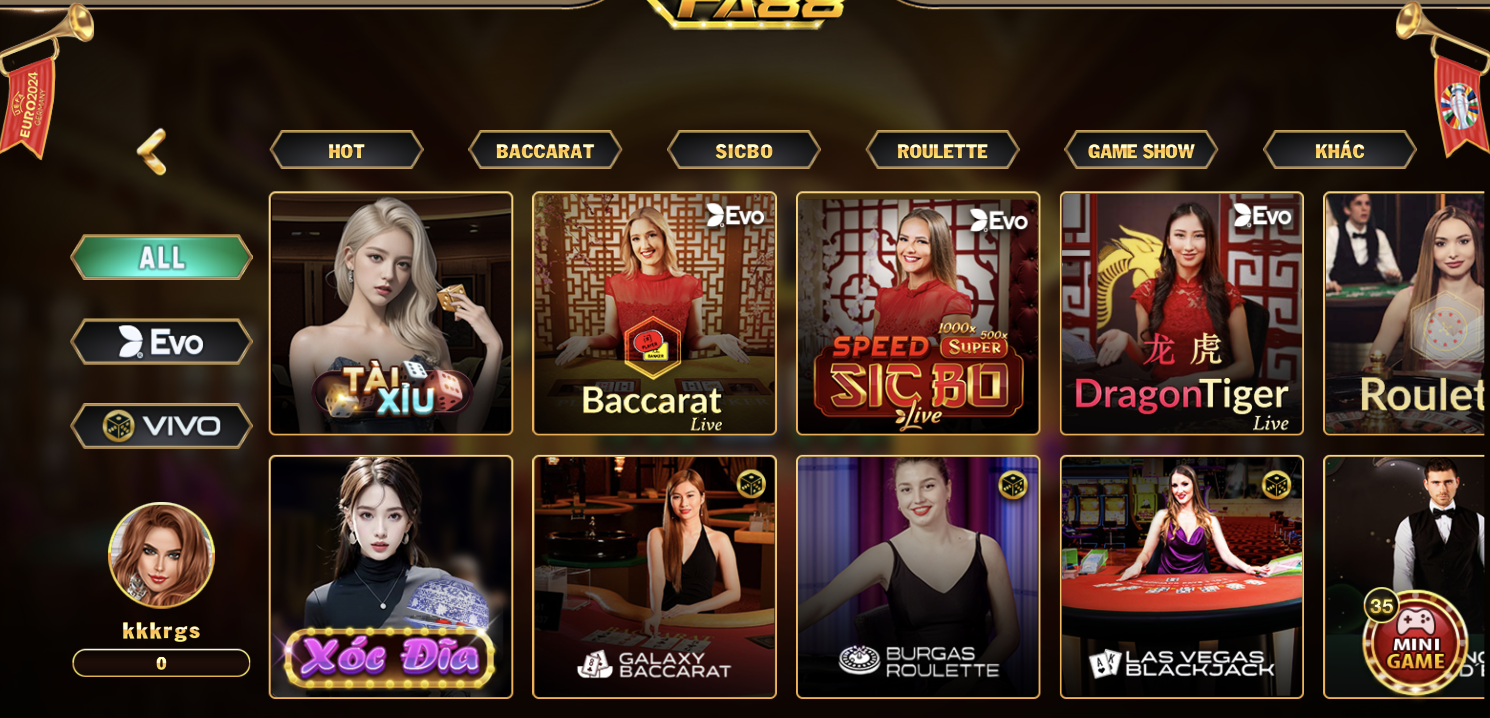 Các trò chơi có tại Fa88 live casino